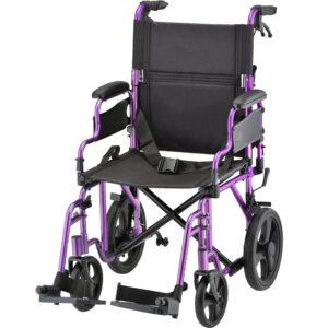 Nova 353 Lightweight Transport Chair with 12" rear wheels, locking hand brakes, flip up desk arms