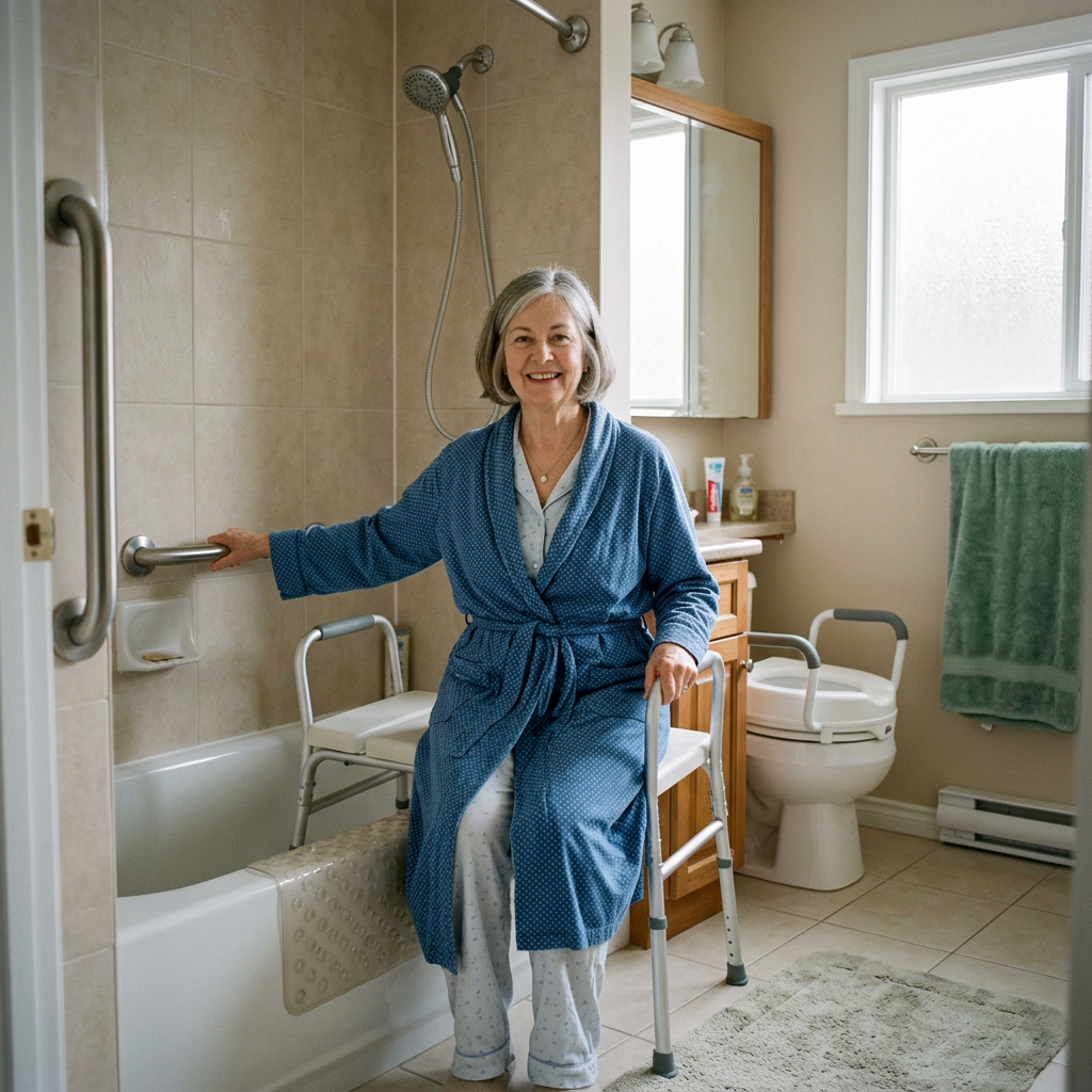 Woman in a robe using bathroom grab bars beside a shower chair